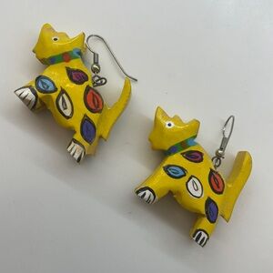 Unique Wood Hand Painted Yellow Dog or Animal Earrings with Multicolor Accents
